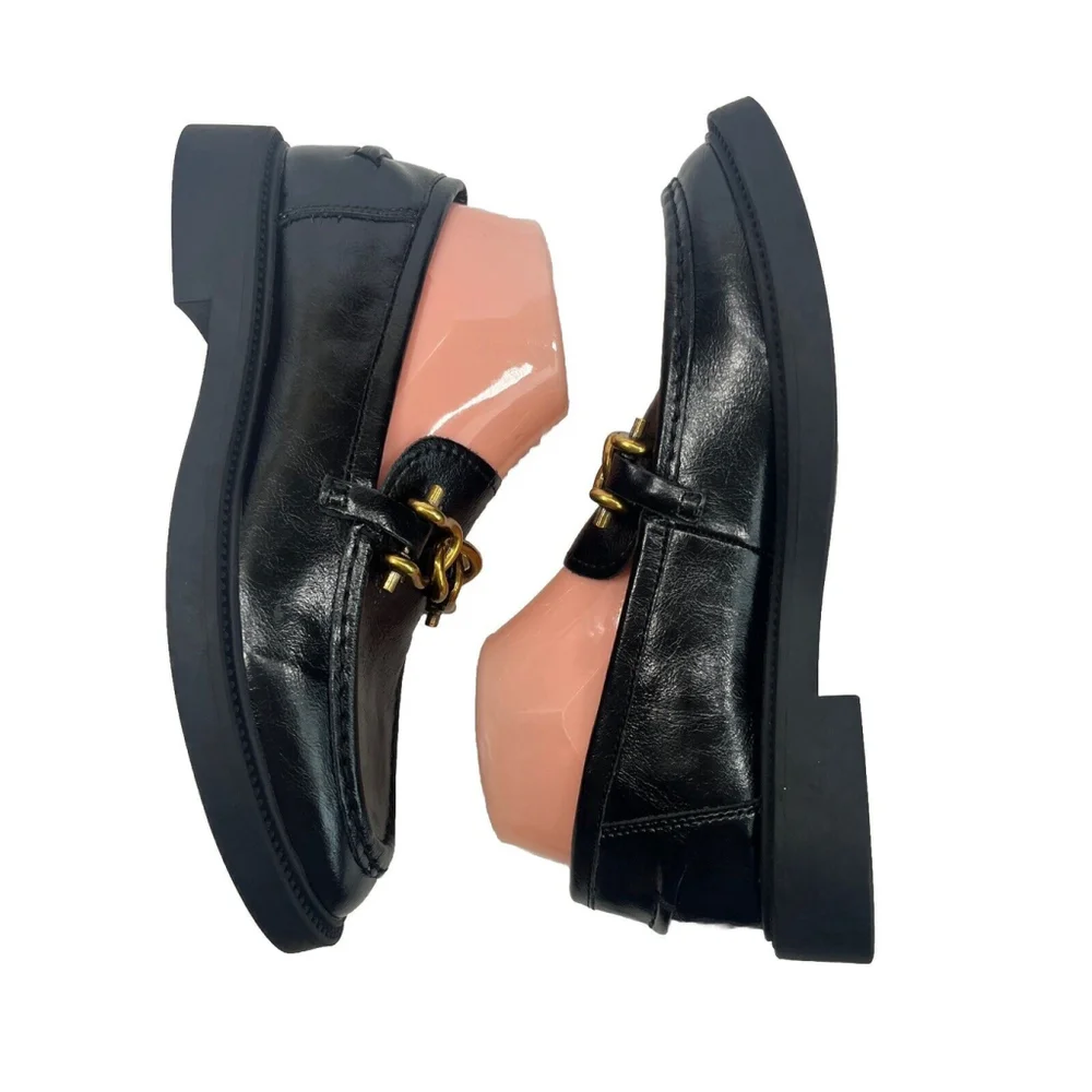 Steve Madden Womens Black Leather Loafer Shoes Gold Chain Size‎ 9.5M Office